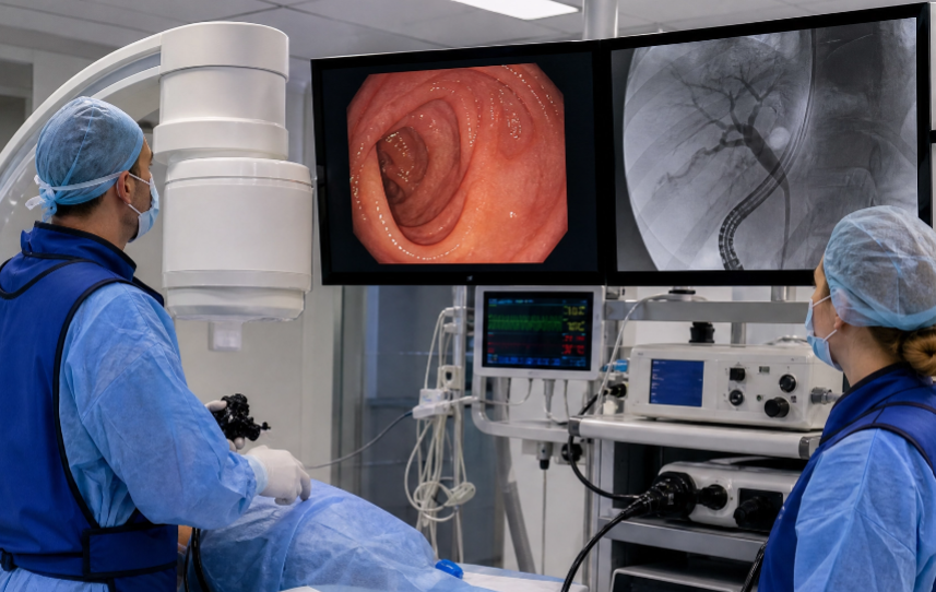 Ilustración de práctica de CPRE en simulador con fluoroscopia